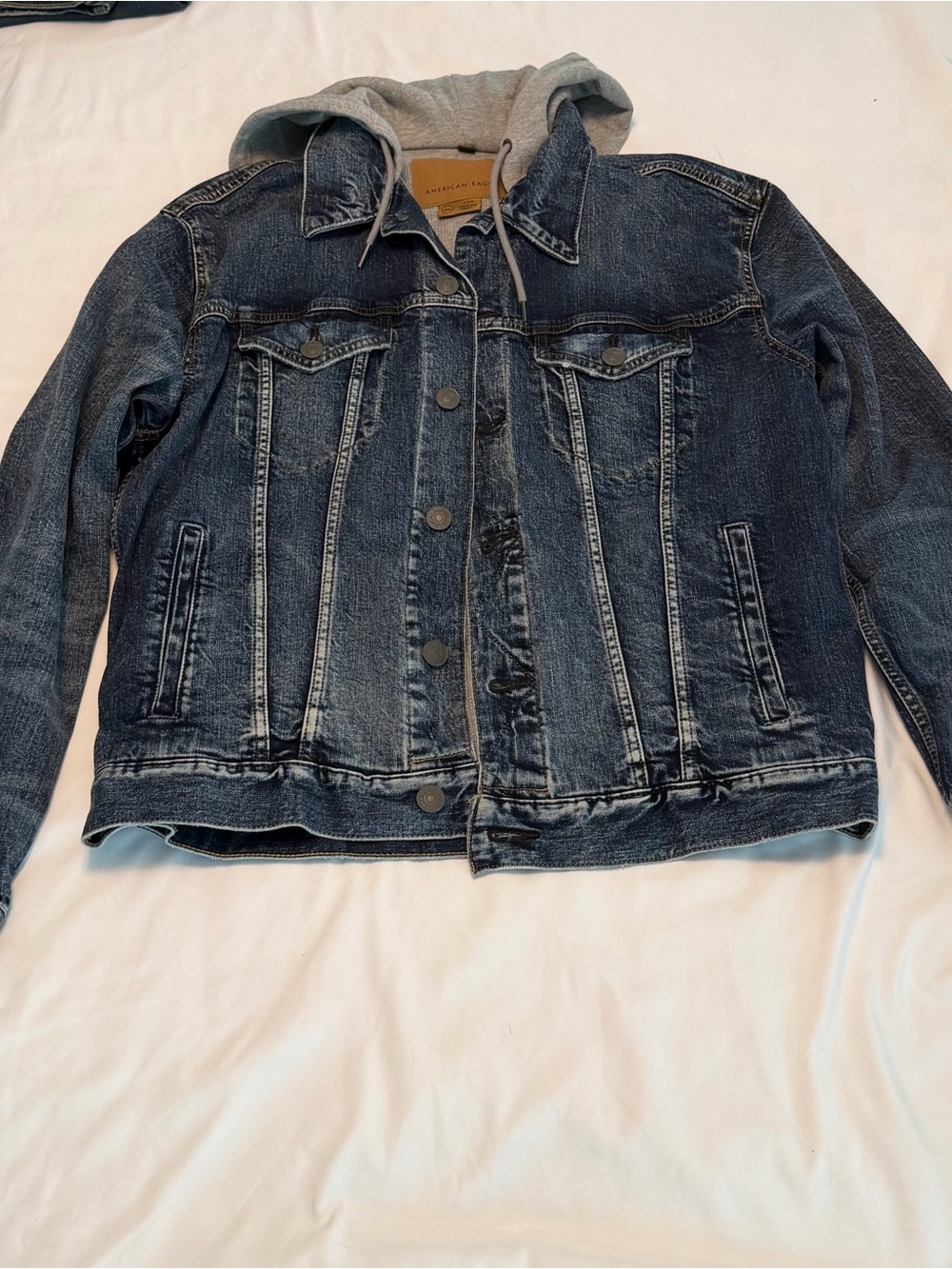 American Eagle Outfitters Dark Blue Denim Jacket with Grey Hood
